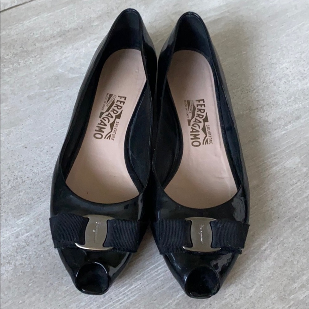 Salvatore Ferragamo Black Patent Open Toe Flats